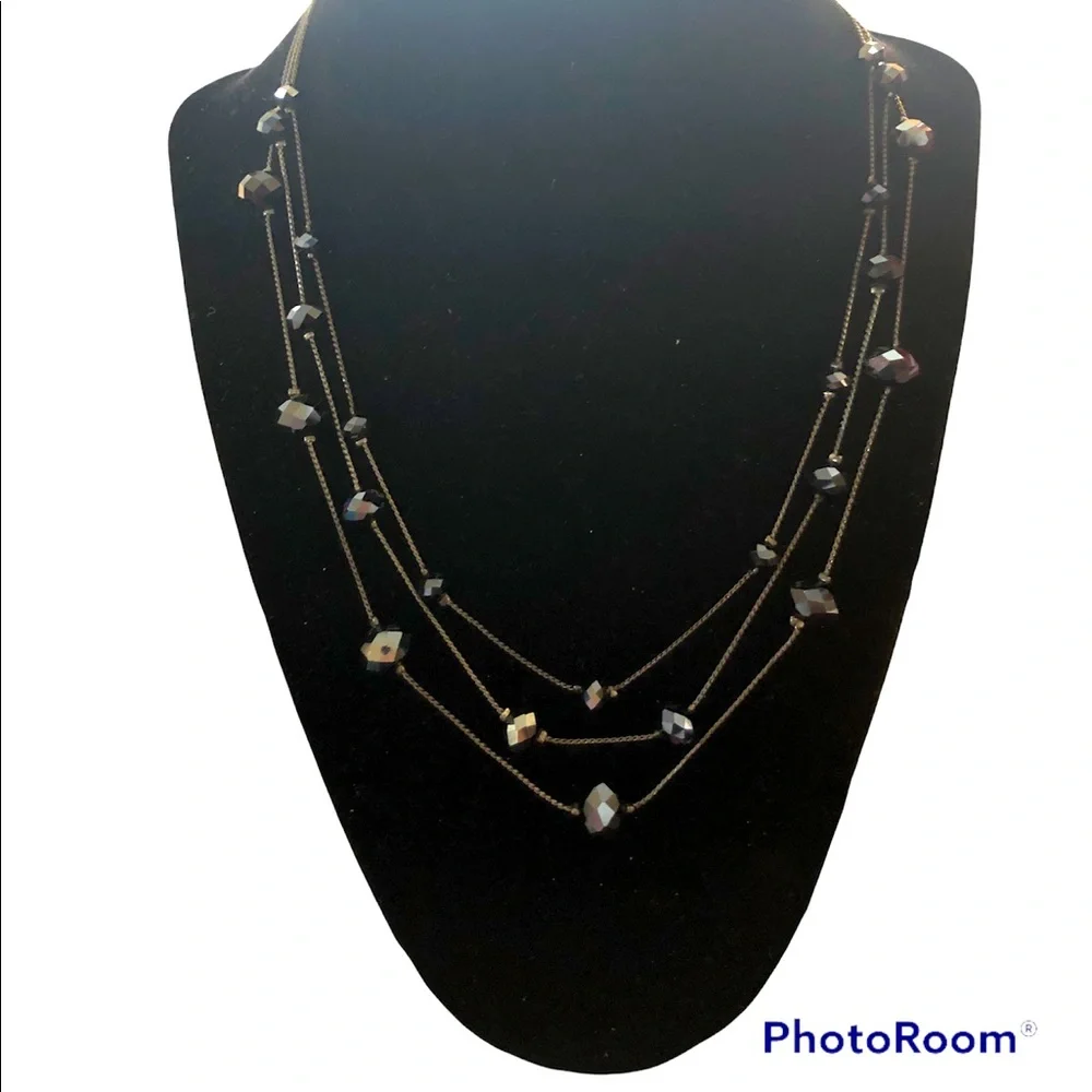 Vtg Witchy Whimsigoth 3 Strand Reflective Black‎ Beaded Necklace